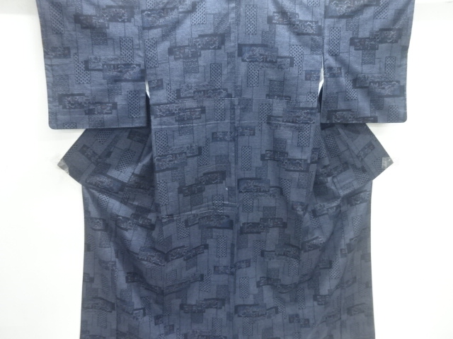 アンティーク　短冊に風景模様織出し手織り紬着物